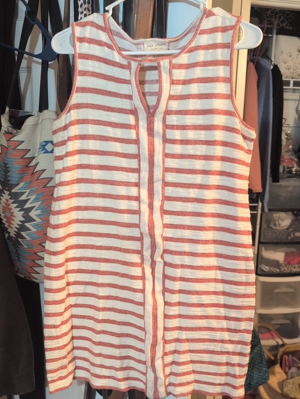 Max Studio White and Coral Striped Sleeveless Knit Dress